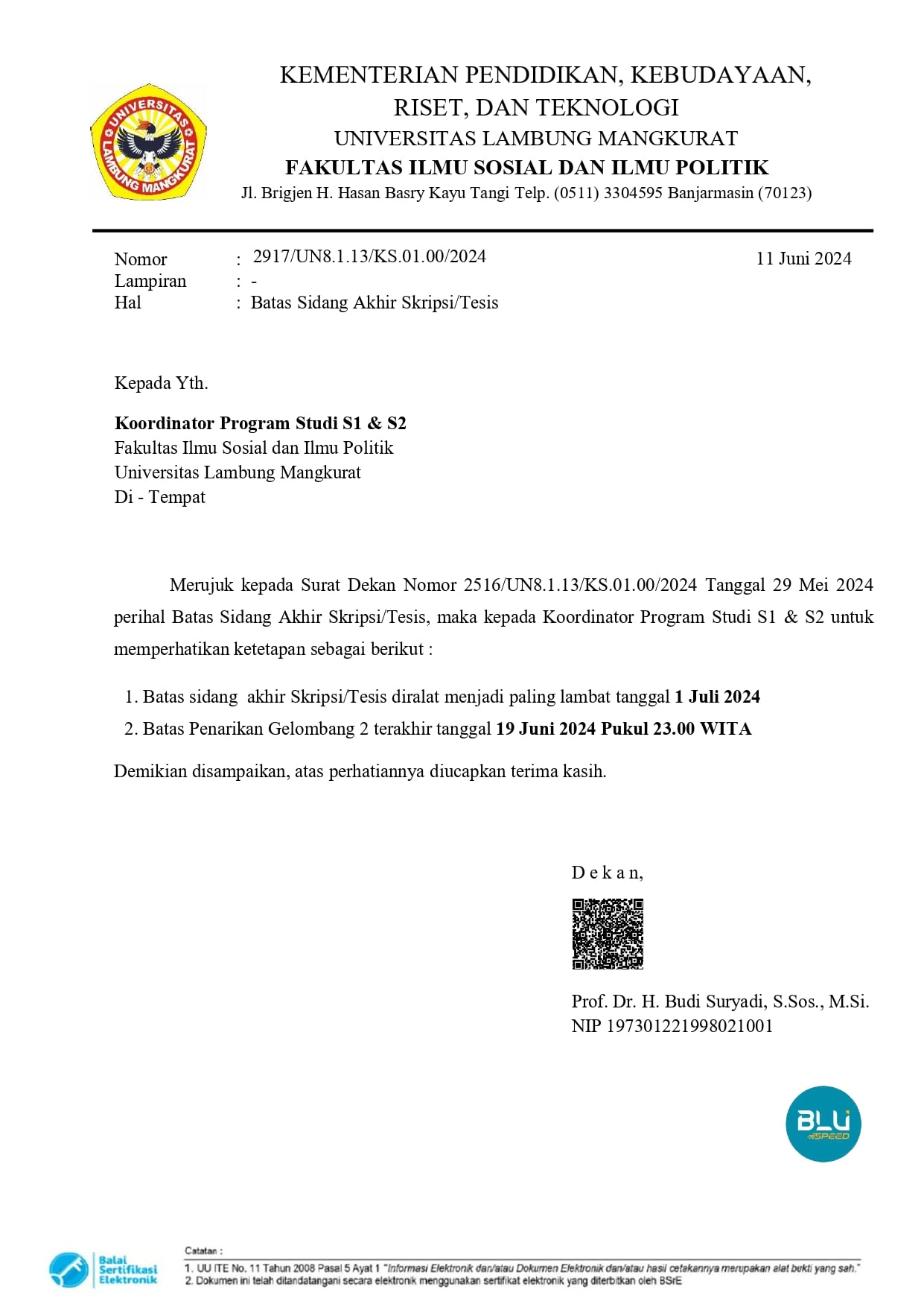 Batas Sidang Akhir Skripsi dan Tesis FISIP ULM